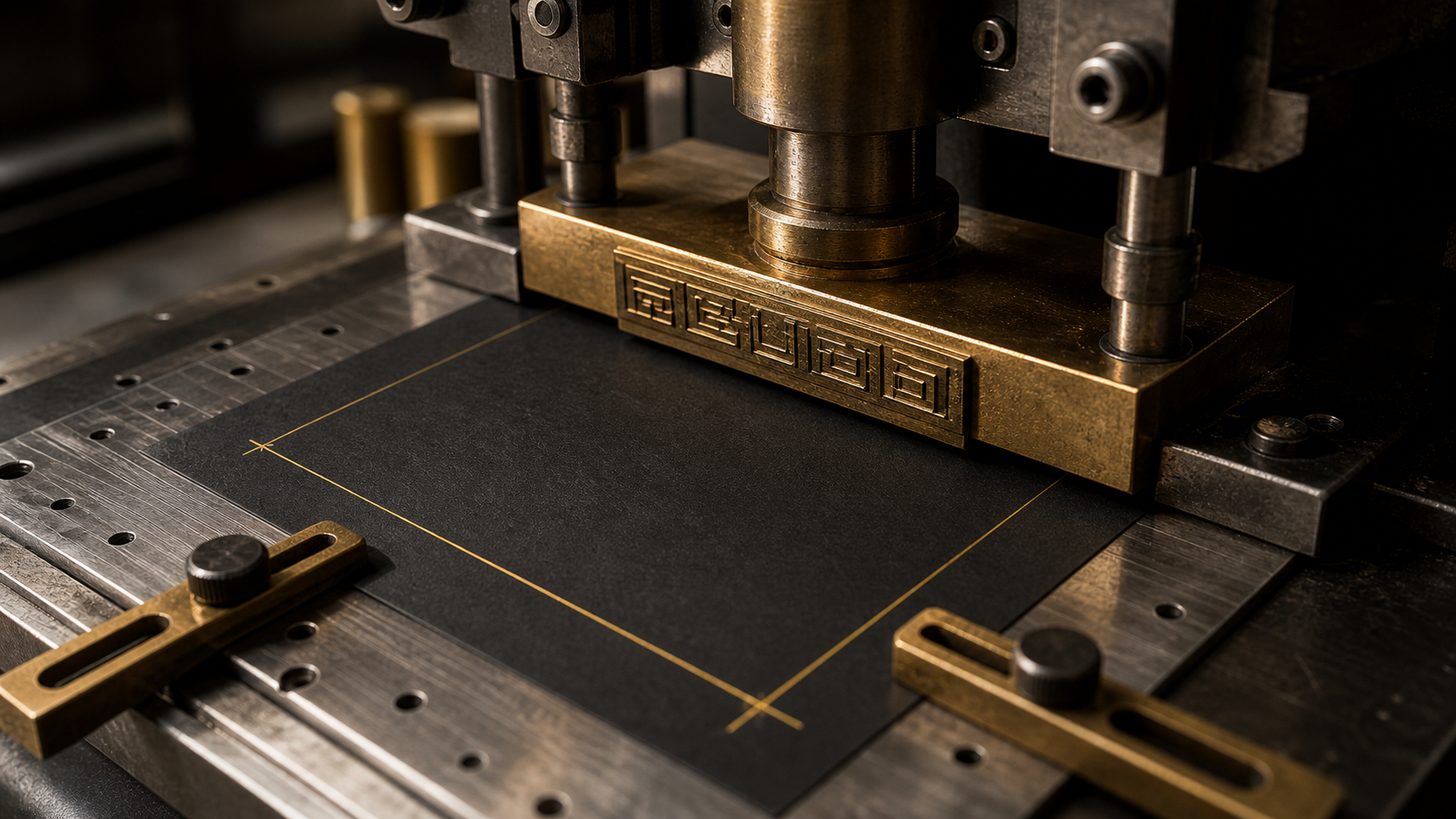 Brass stamping die aligned over dark paper stock