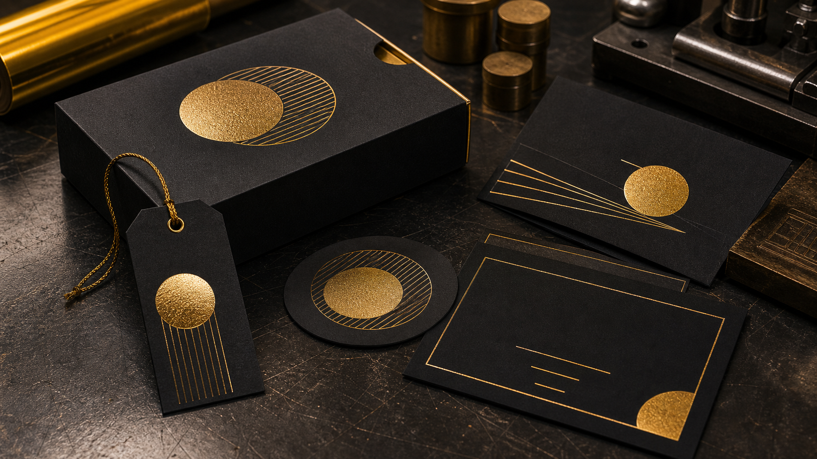 Finished black packaging pieces with gold foil stamping