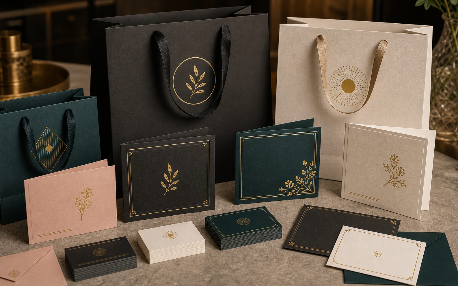 Sample paper bags and cards with gold foil stamping