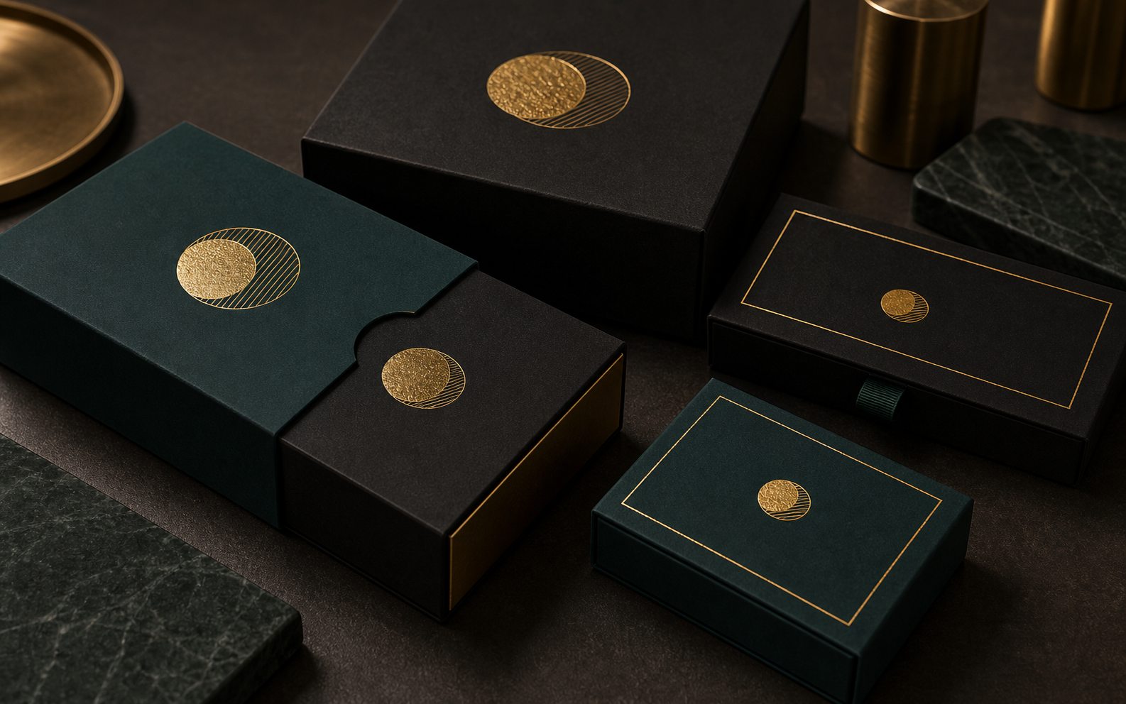 Sample product boxes and paper sleeves with gold foil stamping