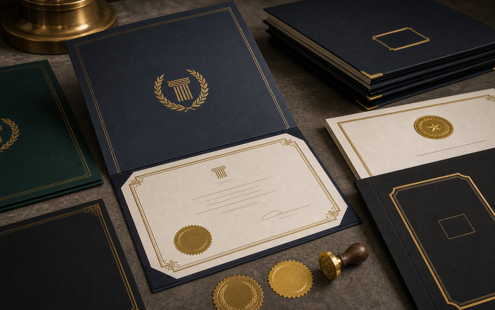 Sample folders and certificates with foil seals and borders