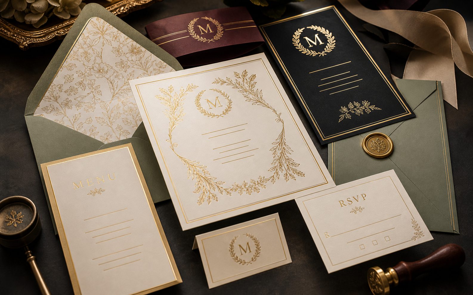 Sample invitations and event materials with foil monograms and borders
