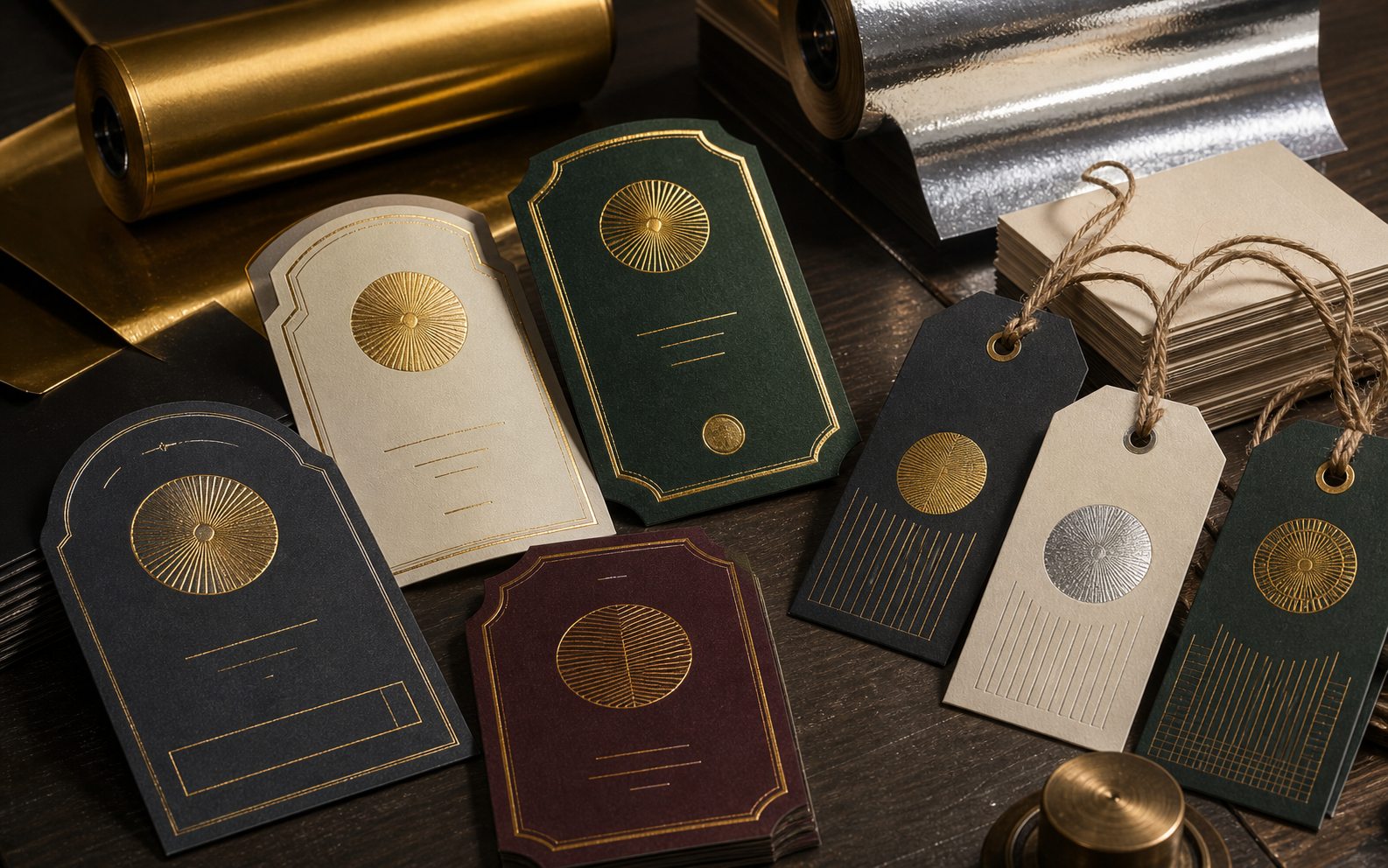 Sample labels and hang tags with metallic foil details