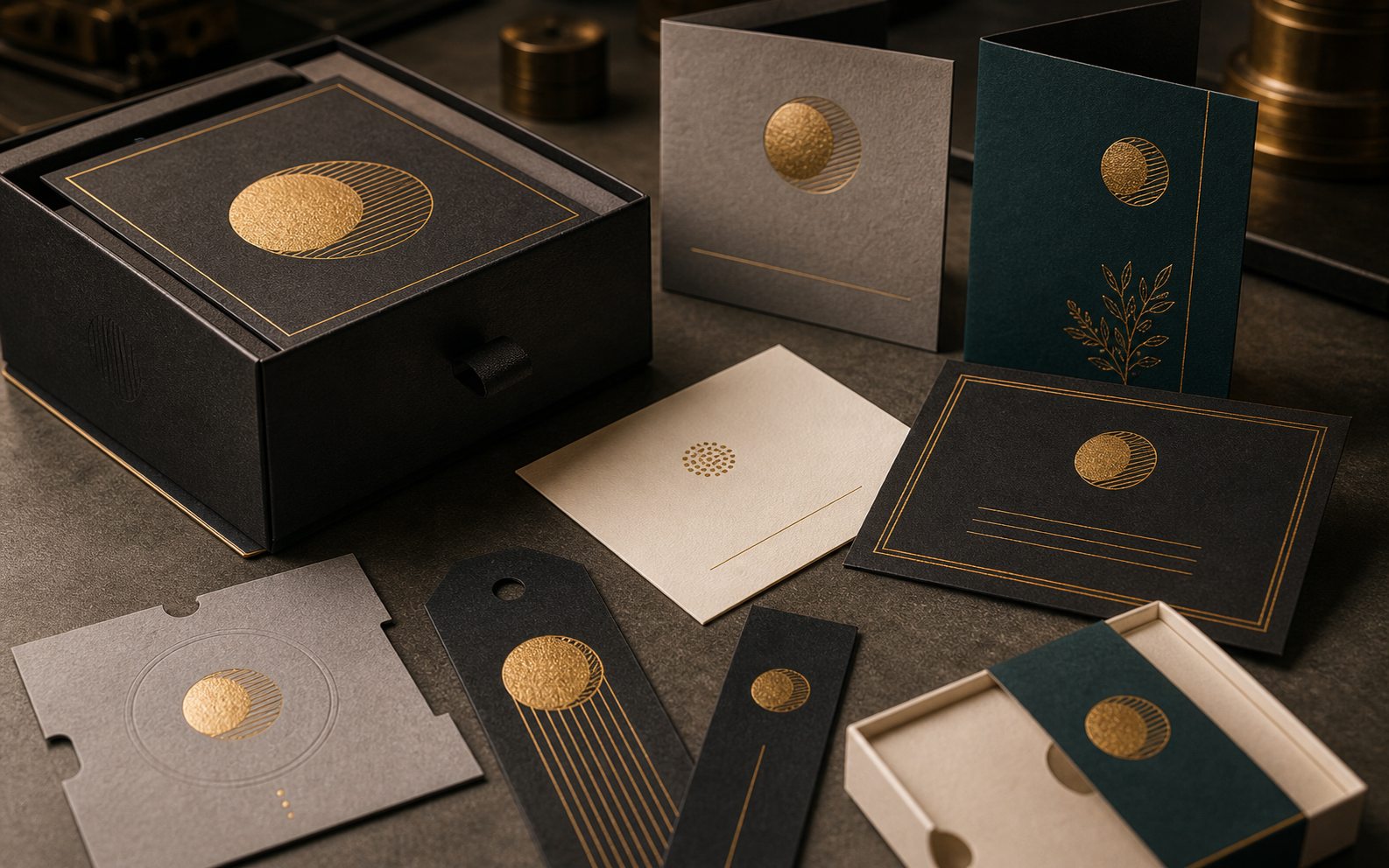 Sample specialty inserts and packaging cards with foil details